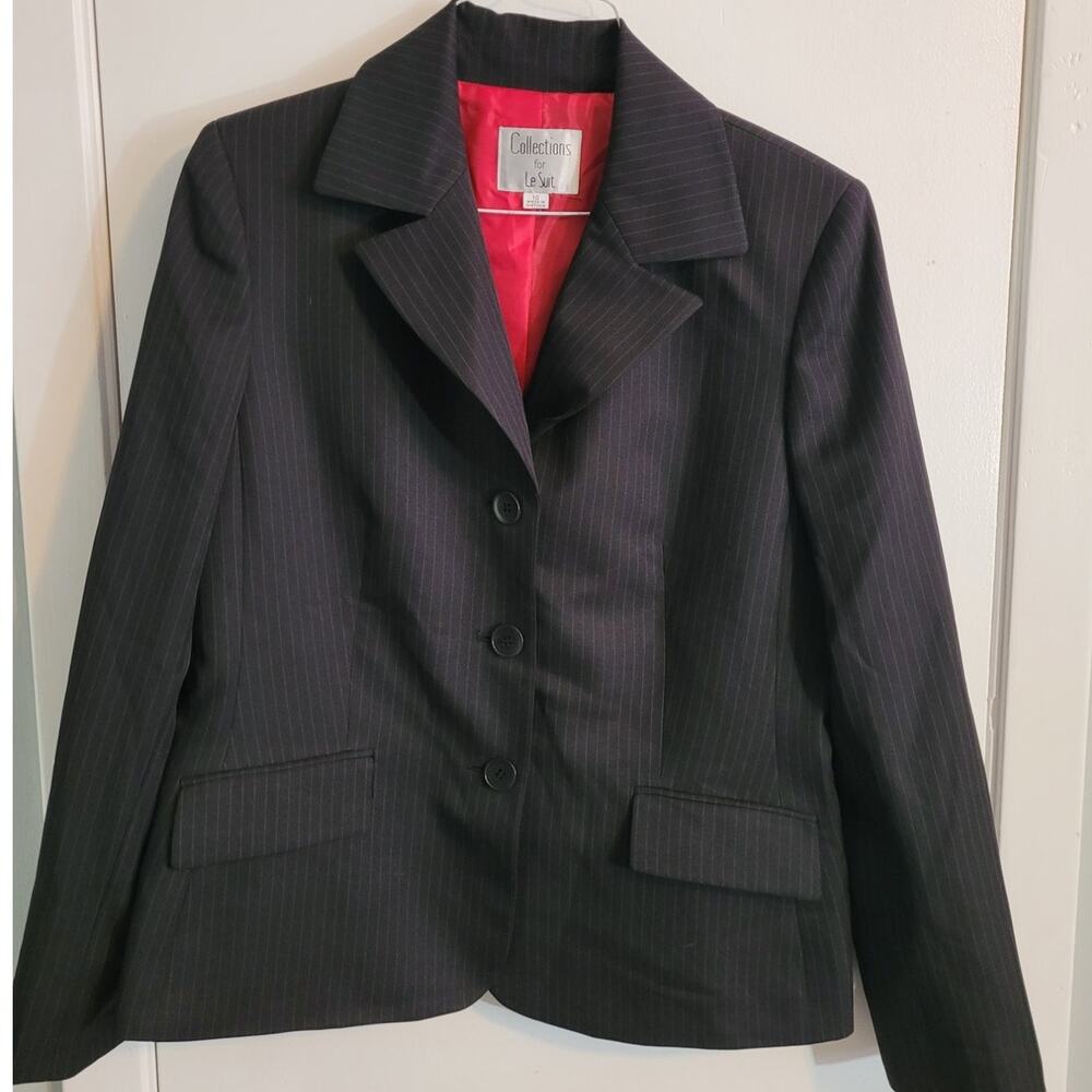 Black Pinstripe Blazer Size 10 Career Office Workwear Red Lining Minimalist